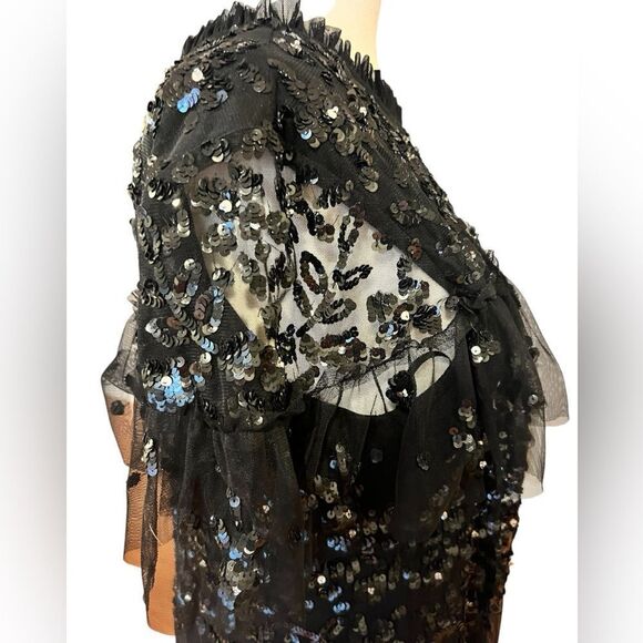 NWT MAC DUGGAL Black Sequined High Neck Ruffled Flutter Sleeve Midi Dress sz 12 - Picture 11 of 13